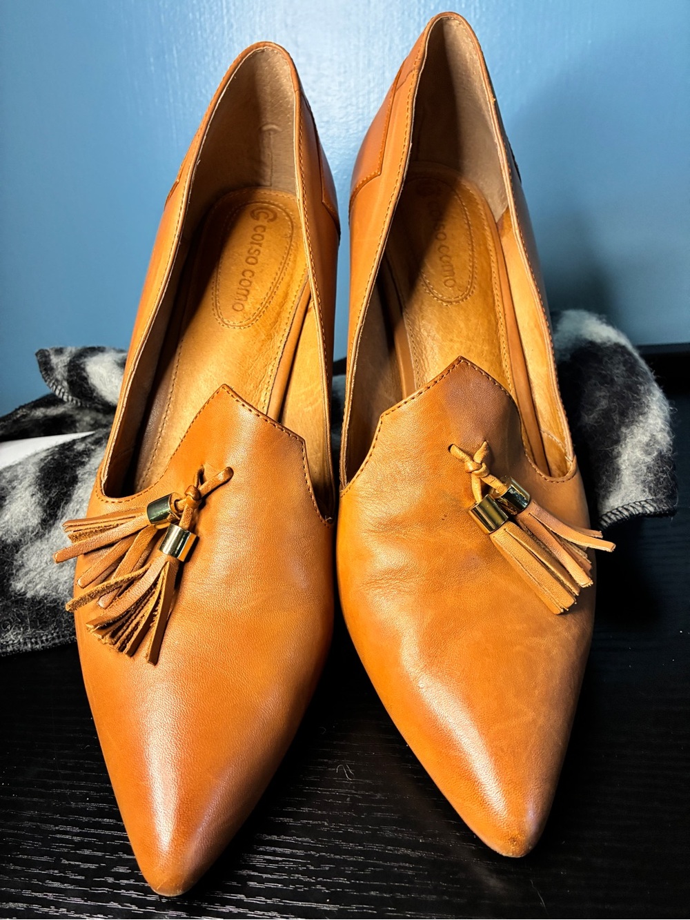 Corso Como Women's Cognac Leather Tassel Pointed Loafers